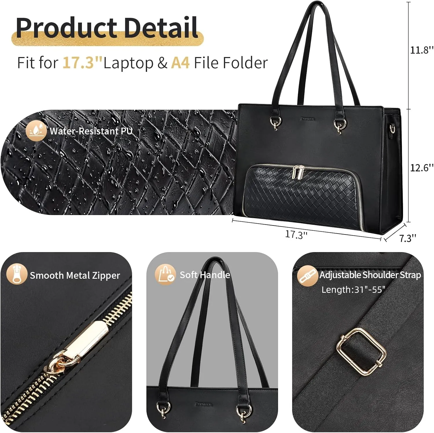 Estarer Women Laptop Tote Bag with Insulated Lunch Compartment, 17.3 Inch Pu Leather Work Bag Water-resistant, Convertible Business Computer Briefcase Handbag for Office, Travel & Casual, Elegan Black