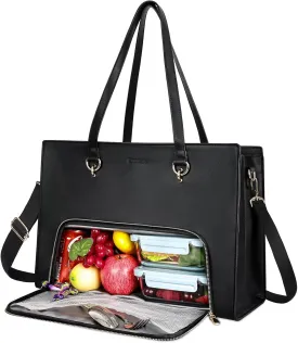 Estarer Women Laptop Tote Bag with Insulated Lunch Compartment, 17.3 Inch Pu Leather Work Bag Water-resistant, Convertible Business Computer Briefcase Handbag for Office, Travel & Casual, Elegan Black
