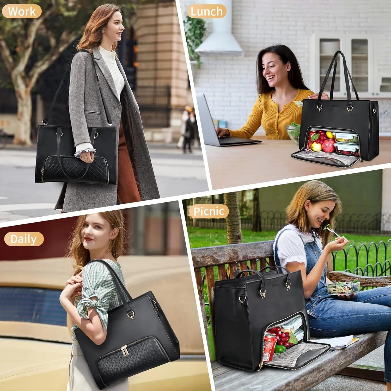 Estarer Women Laptop Tote Bag with Insulated Lunch Compartment, 17.3 Inch Pu Leather Work Bag Water-resistant, Convertible Business Computer Briefcase Handbag for Office, Travel & Casual, Elegan Black