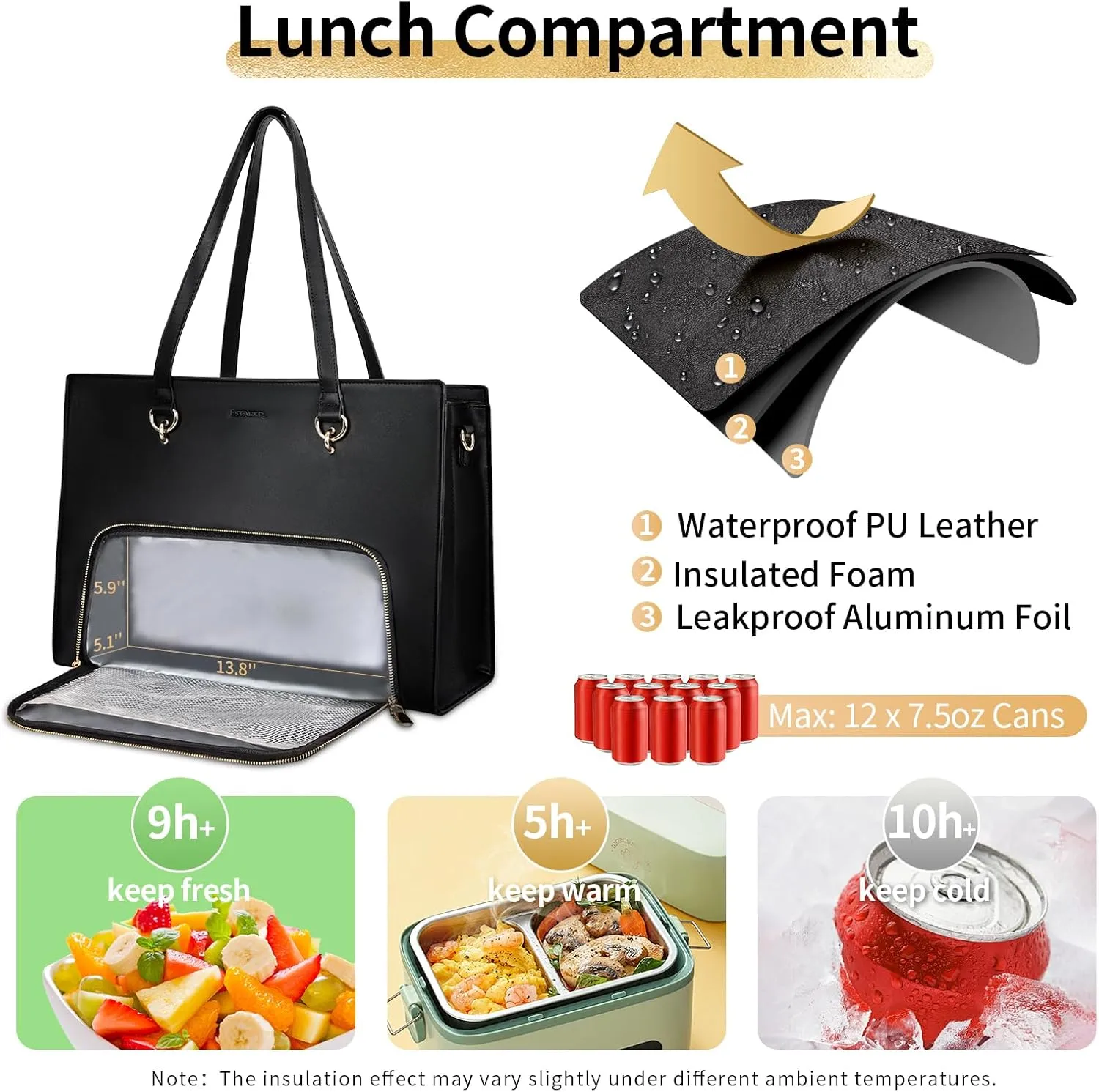 Estarer Women Laptop Tote Bag with Insulated Lunch Compartment, 17.3 Inch Pu Leather Work Bag Water-resistant, Convertible Business Computer Briefcase Handbag for Office, Travel & Casual, Elegan Black