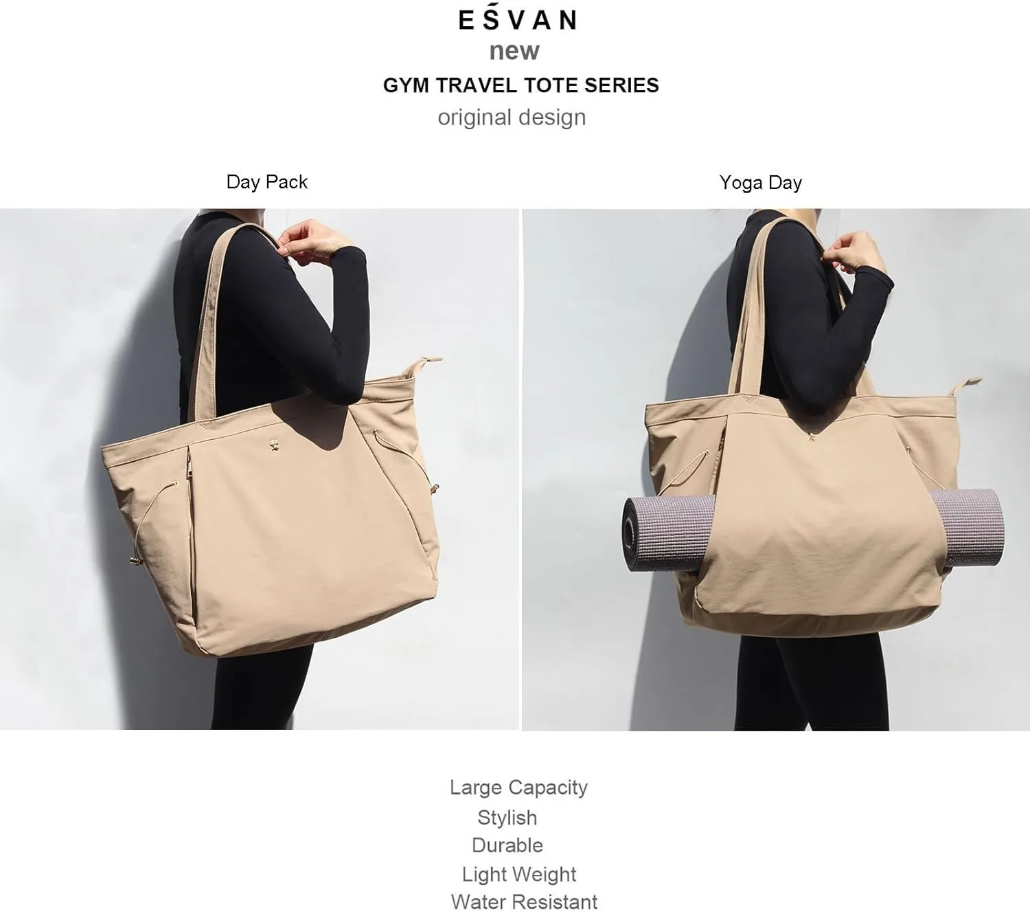 ESVAN Yoga Tote Bag for Women Shoulder Bags Drawstring for Office Workout Travel Carryall Pilates Gym and Beach