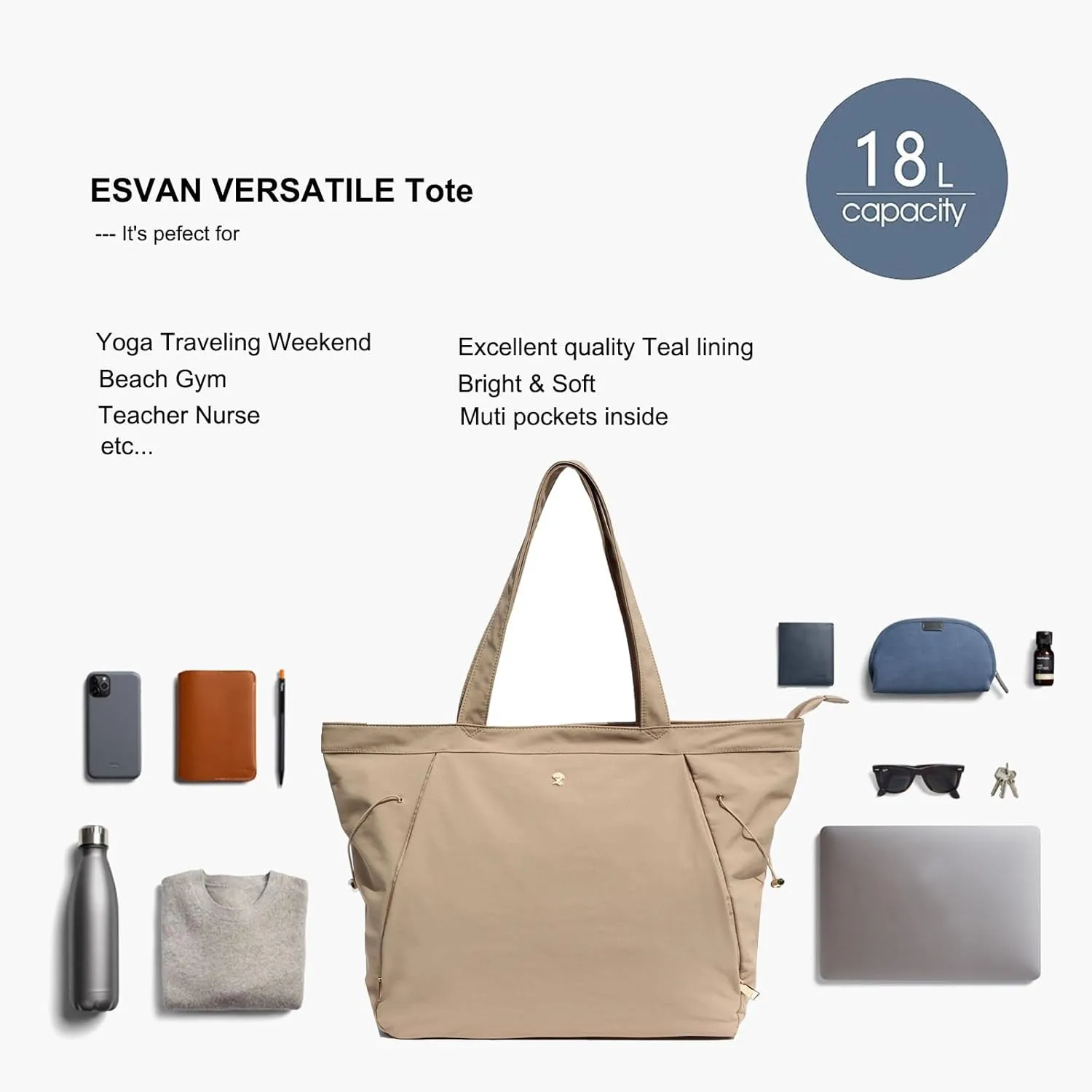 ESVAN Yoga Tote Bag for Women Shoulder Bags Drawstring for Office Workout Travel Carryall Pilates Gym and Beach
