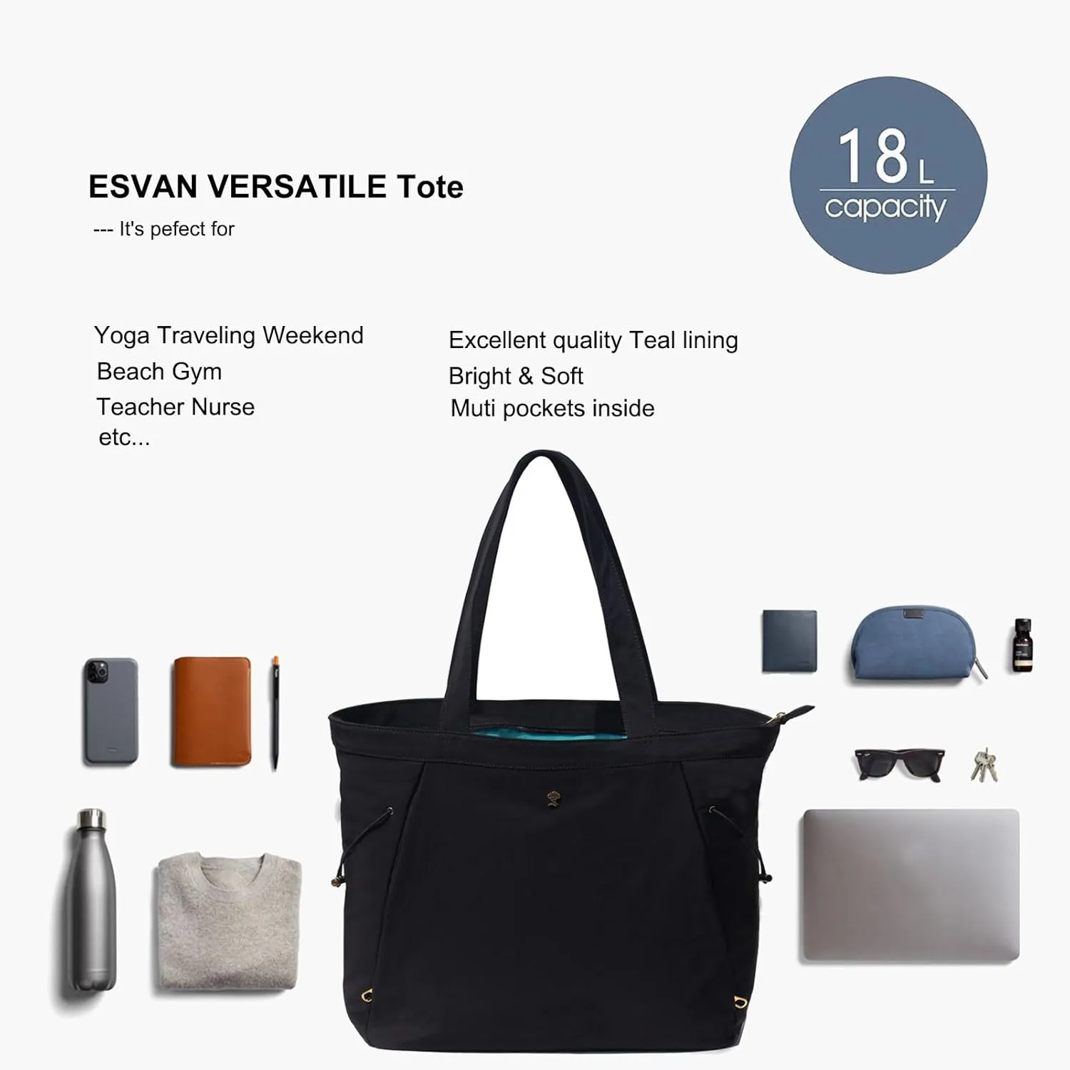 ESVAN Yoga Tote Bag for Women Shoulder Bags Drawstring for Office Workout Travel Carryall Pilates Gym and Beach