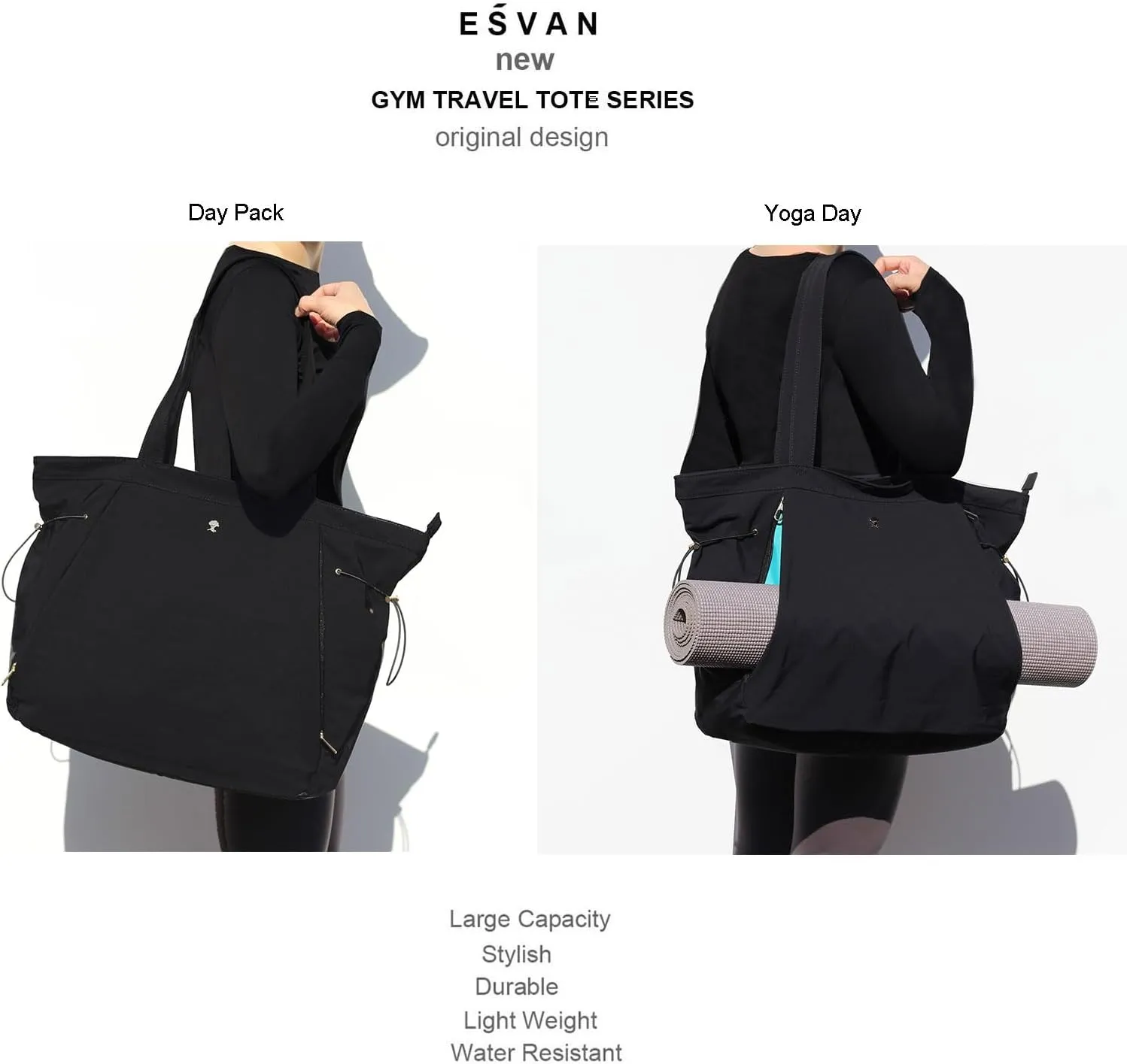 ESVAN Yoga Tote Bag for Women Shoulder Bags Drawstring for Office Workout Travel Carryall Pilates Gym and Beach