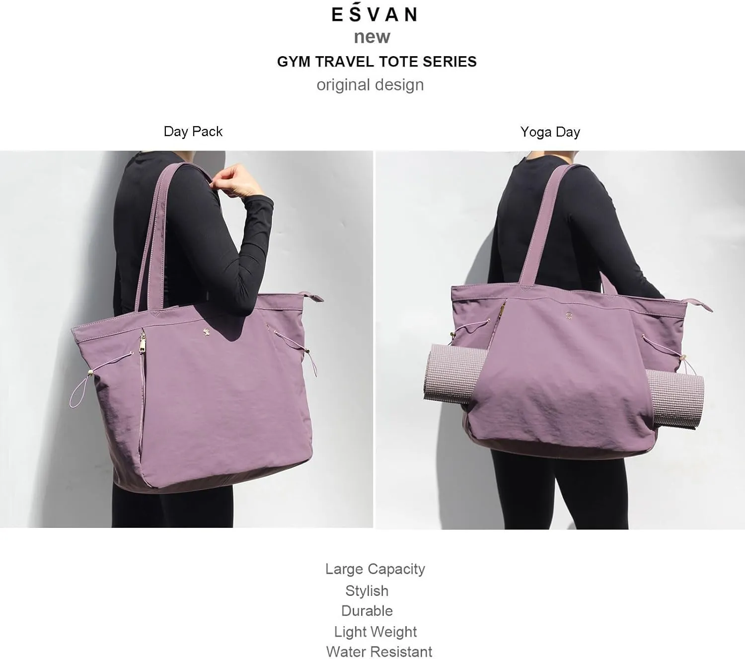 ESVAN Yoga Tote Bag for Women Shoulder Bags Drawstring for Office Workout Travel Carryall Pilates Gym and Beach