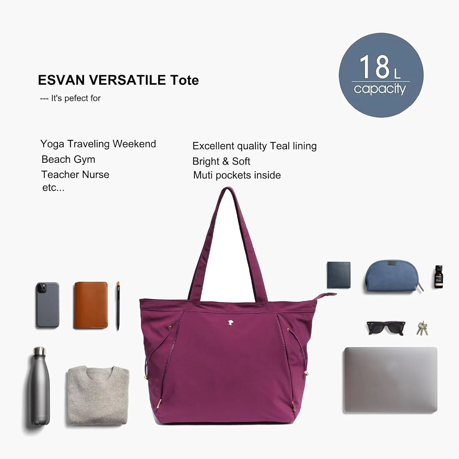 ESVAN Yoga Tote Bag for Women Shoulder Bags Drawstring for Office Workout Travel Carryall Pilates Gym and Beach