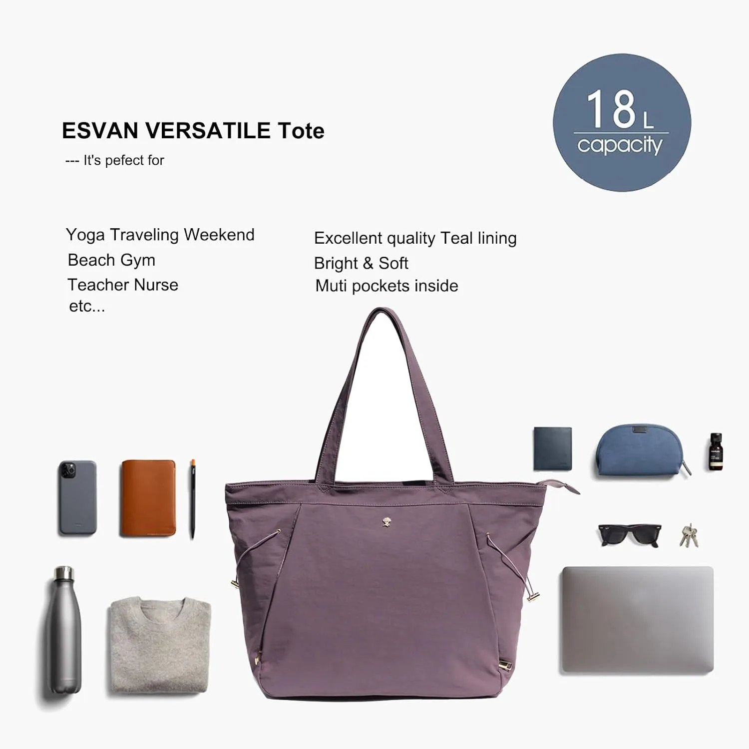 ESVAN Yoga Tote Bag for Women Shoulder Bags Drawstring for Office Workout Travel Carryall Pilates Gym and Beach