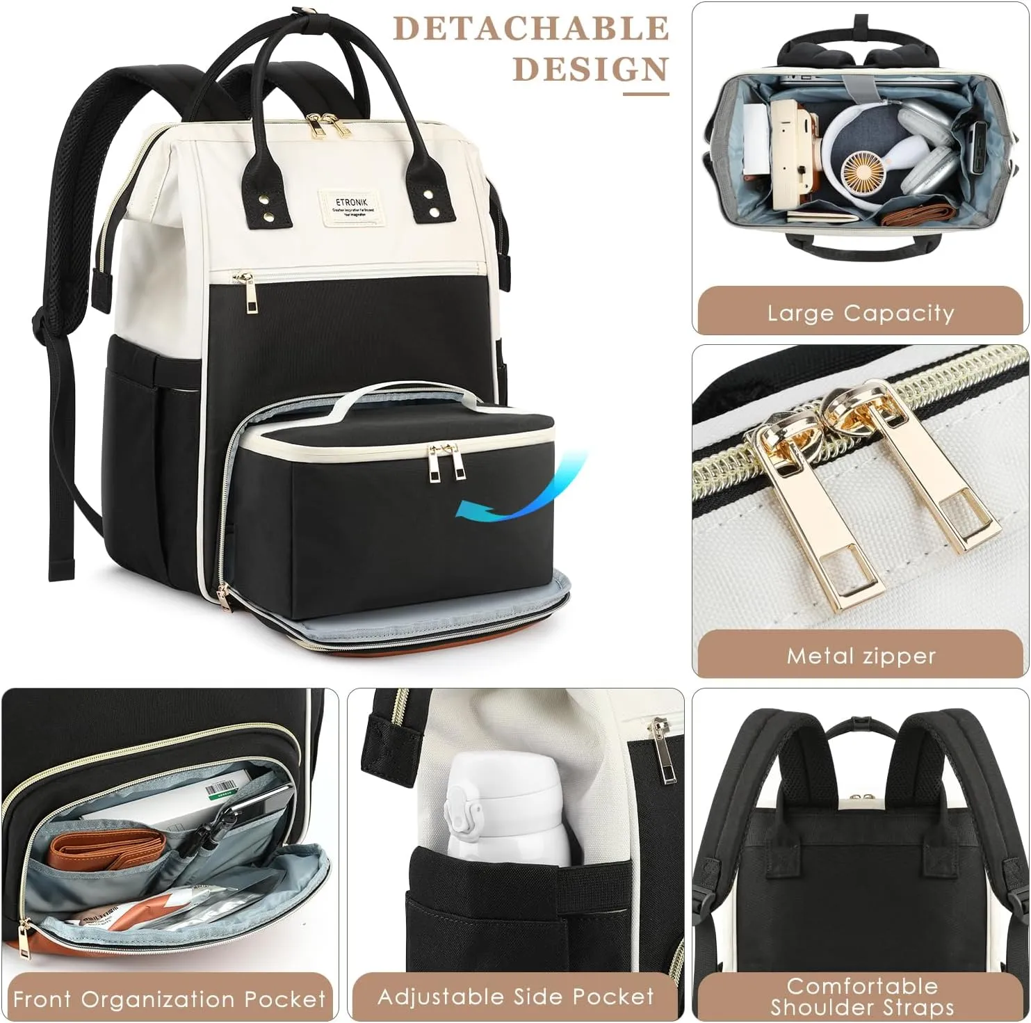 ETRONIK Lunch Backpack, 17.3 Inch Laptop Backpack with USB Port, Stylish Nurse, Teacher Work Bag with Insulated Cooler Lunch Box for Women Men/Travel, Black-Beige-Brown