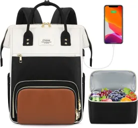 ETRONIK Lunch Backpack, 17.3 Inch Laptop Backpack with USB Port, Stylish Nurse, Teacher Work Bag with Insulated Cooler Lunch Box for Women Men/Travel, Black-Beige-Brown