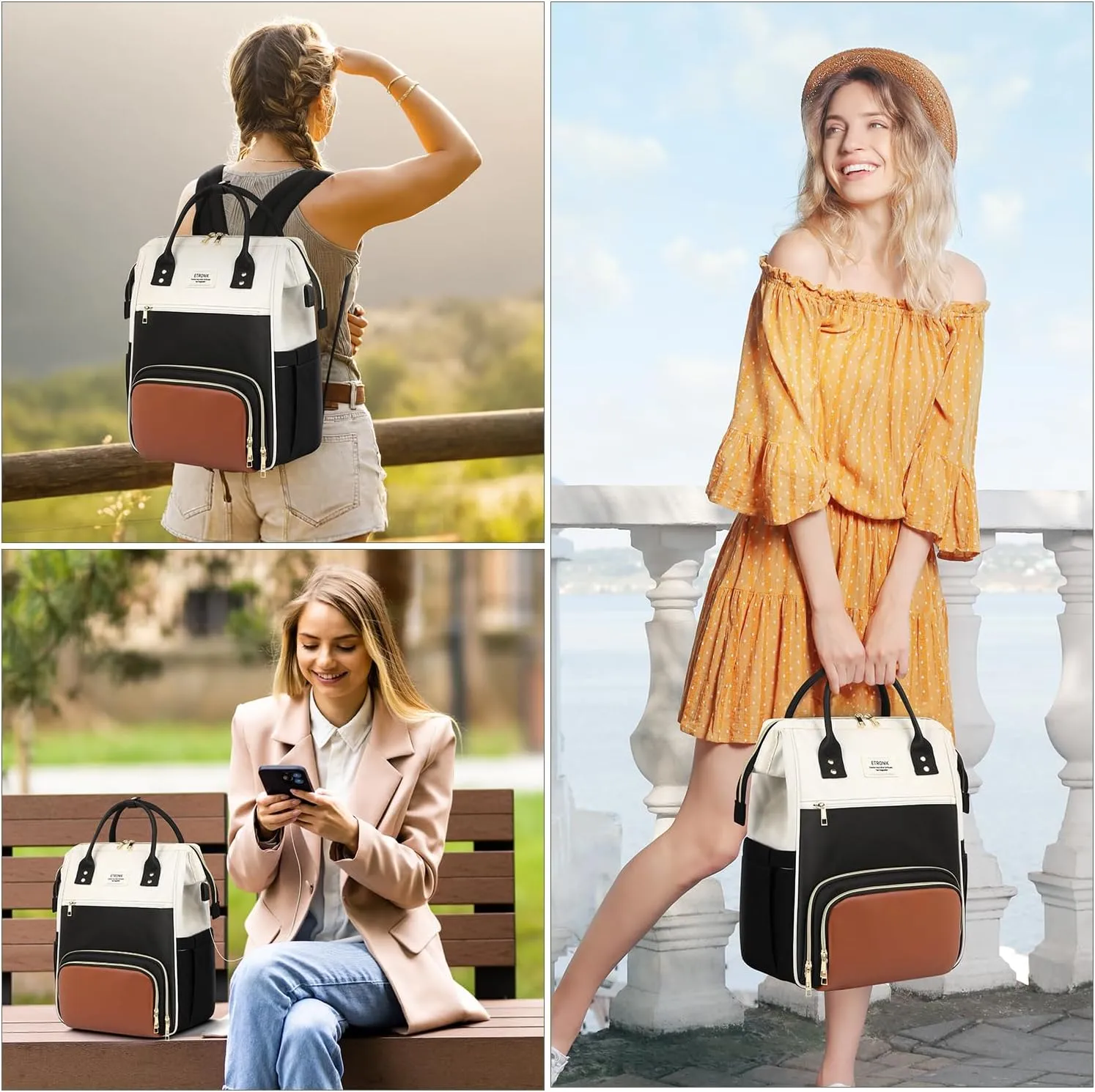 ETRONIK Lunch Backpack, 17.3 Inch Laptop Backpack with USB Port, Stylish Nurse, Teacher Work Bag with Insulated Cooler Lunch Box for Women Men/Travel, Black-Beige-Brown