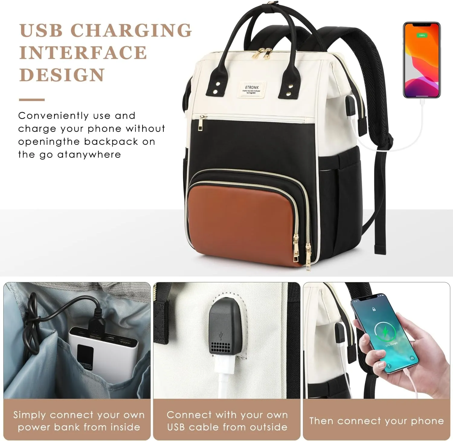ETRONIK Lunch Backpack, 17.3 Inch Laptop Backpack with USB Port, Stylish Nurse, Teacher Work Bag with Insulated Cooler Lunch Box for Women Men/Travel, Black-Beige-Brown
