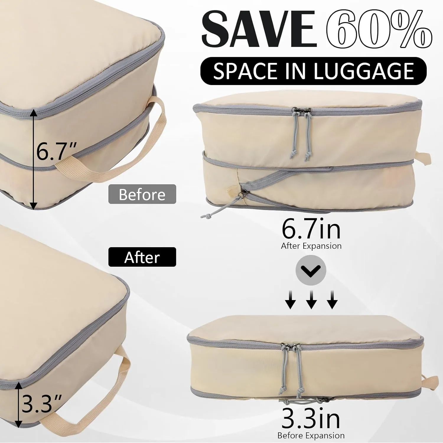Extra Large Compression Packing Cubes for Travel, 2 Set Compression Bags Travel Cubes for Packing Suitcase Luggage Organizer, Beige
