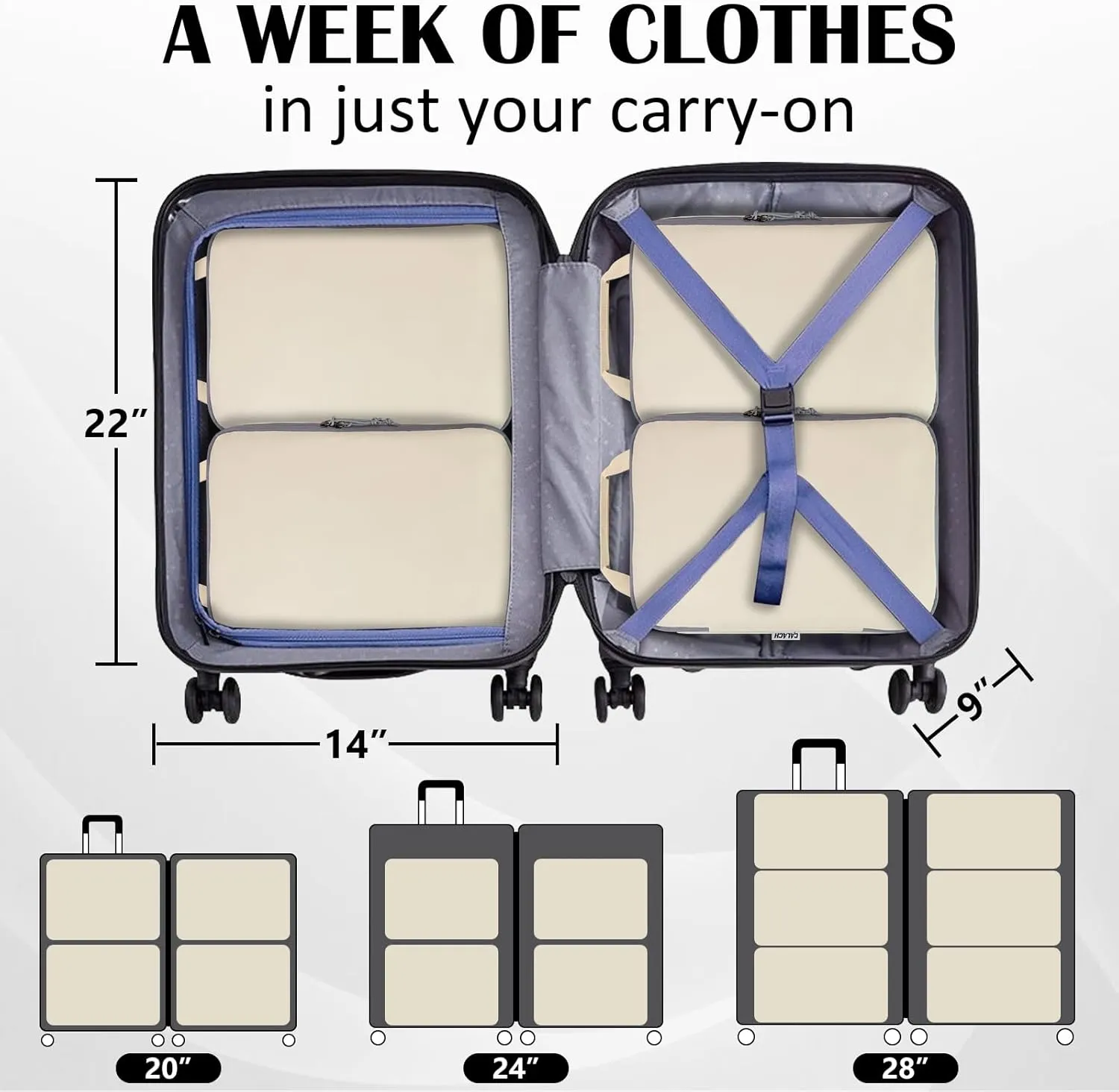 Extra Large Compression Packing Cubes for Travel, 2 Set Compression Bags Travel Cubes for Packing Suitcase Luggage Organizer, Beige