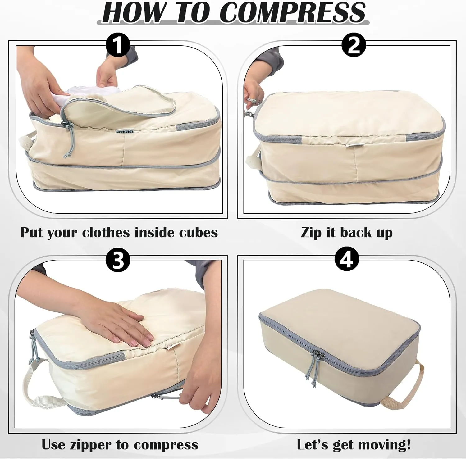 Extra Large Compression Packing Cubes for Travel, 2 Set Compression Bags Travel Cubes for Packing Suitcase Luggage Organizer, Beige