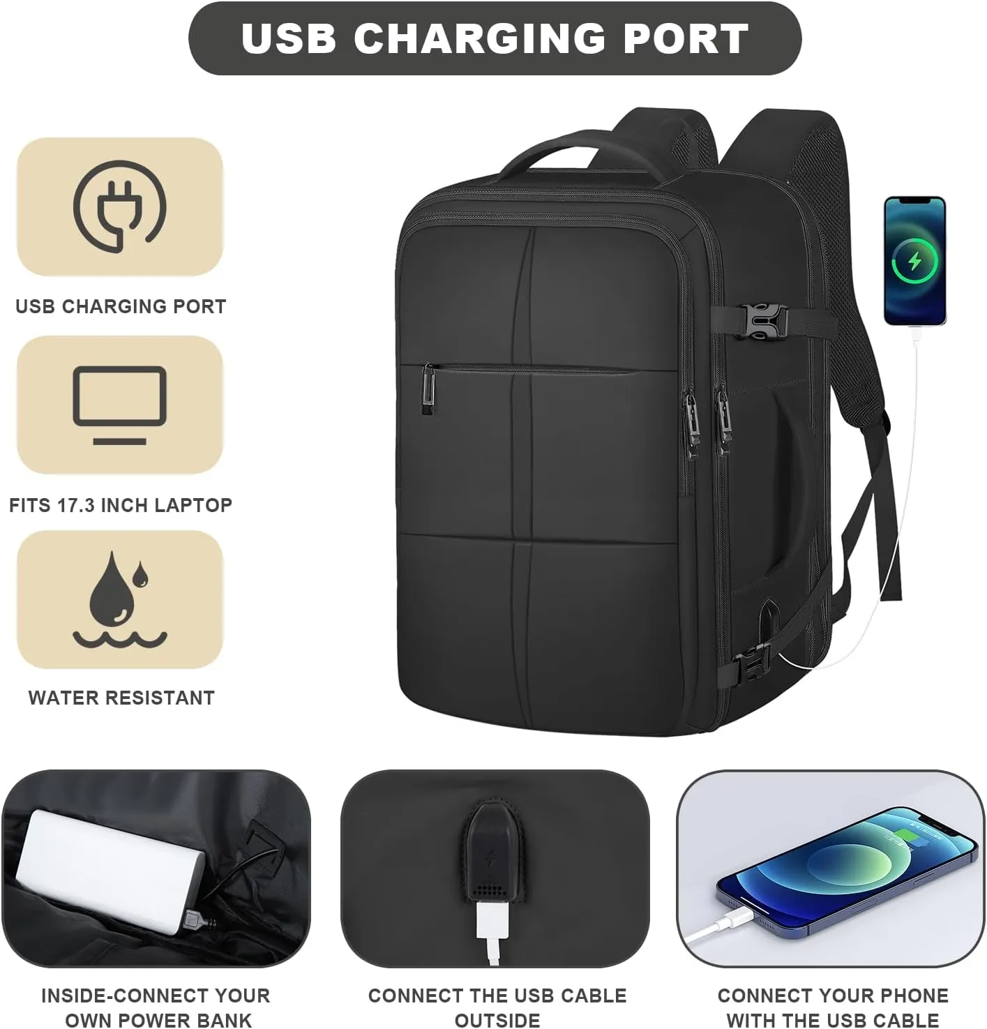 Extra Large Travel Backpack, 55L Carry On Backpack Flight Approved with USB Charging Port, Expandable Waterproof Business Luggage Casual Bag Fits 18.4 Inch Laptops, Travel Gifts for Men Women