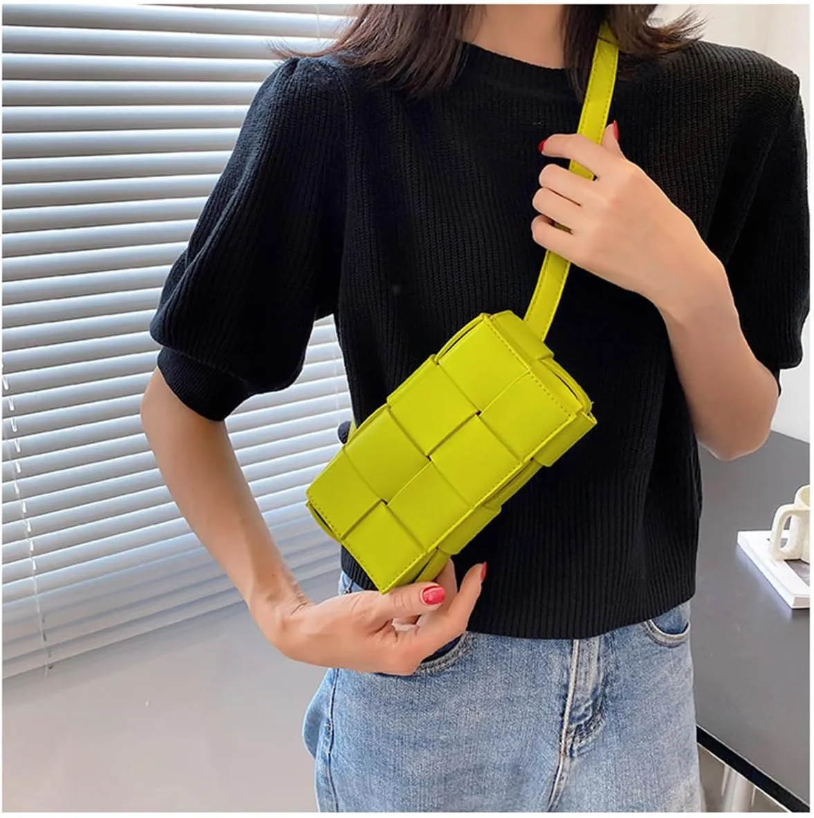 Fanny Pack with Convertible Crossbody Shoulder Bag for Women, Woven Cassette-Style Handbag Purse with Adjustable Belt (Kiwi green)