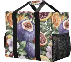 Fig Fruit Floral Large Foldable Travel Tote Bag, Lightweight Waterproof Swim Pool Bag with Handles & Pocket for Beach Outdoor, Reusable Grocery Bag for Kitchen, Shopping