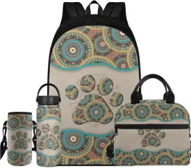Flashideas Boho Dog Paw Prints Backpack School Set 4Pcs with Lunch Bag Insulated Water Bottle and Water Bottle Case Cover 18oz Kids Backpack for Girls 4-7 Gift for Girls Boys