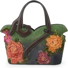 Floral Genuine Leather Women Purse Handbag Vintage Cowhide Tote Bag Ladies Shopping Shoulder Bag Crossbody Bag