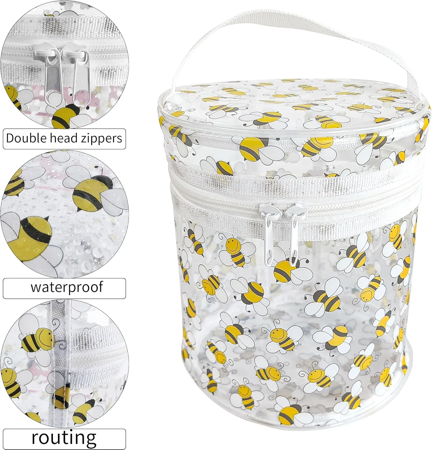 flower pattern PVC transparent cylinder travel cosmetic bag, portable waterproof pouch with handle, suitable for women and girls. (Bee)