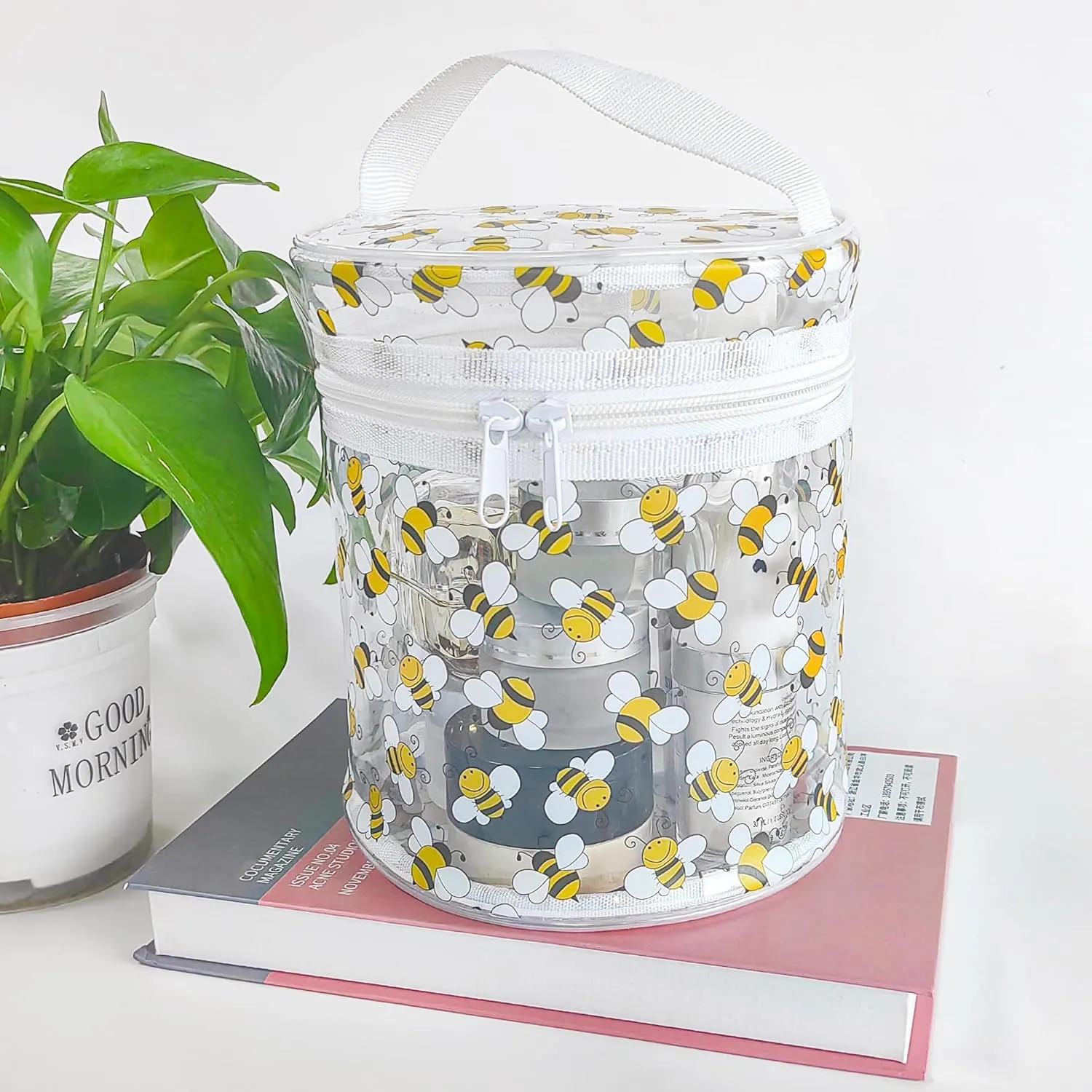 flower pattern PVC transparent cylinder travel cosmetic bag, portable waterproof pouch with handle, suitable for women and girls. (Bee)