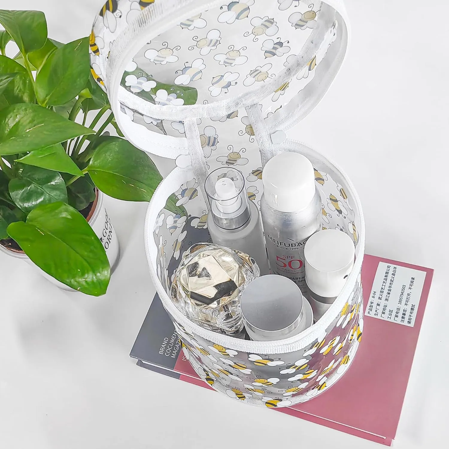 flower pattern PVC transparent cylinder travel cosmetic bag, portable waterproof pouch with handle, suitable for women and girls. (Bee)
