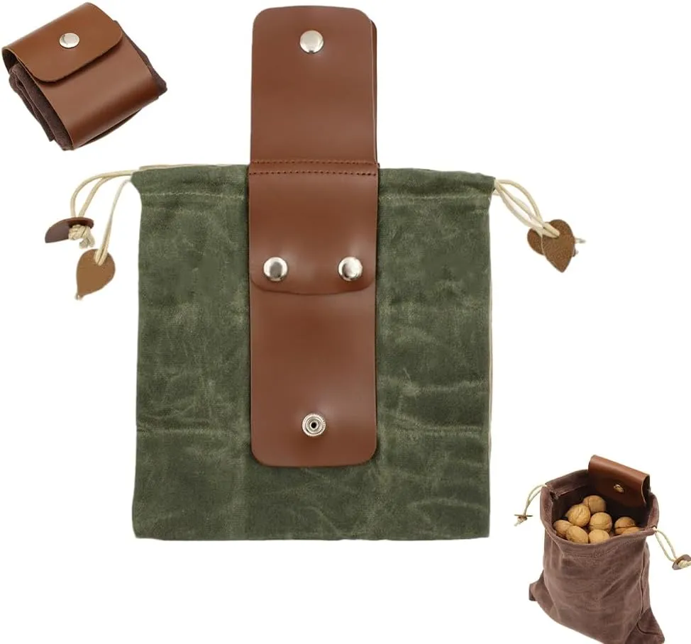 Foldable Canvas Belt Bag, 2024 Collapsible Foraging Bag Mushroom Storage Leather, Multipurpose Bushcraft Belt Storage Water Resistant Leather Pouch Basket for Travel Camping Hiking (Army Green)