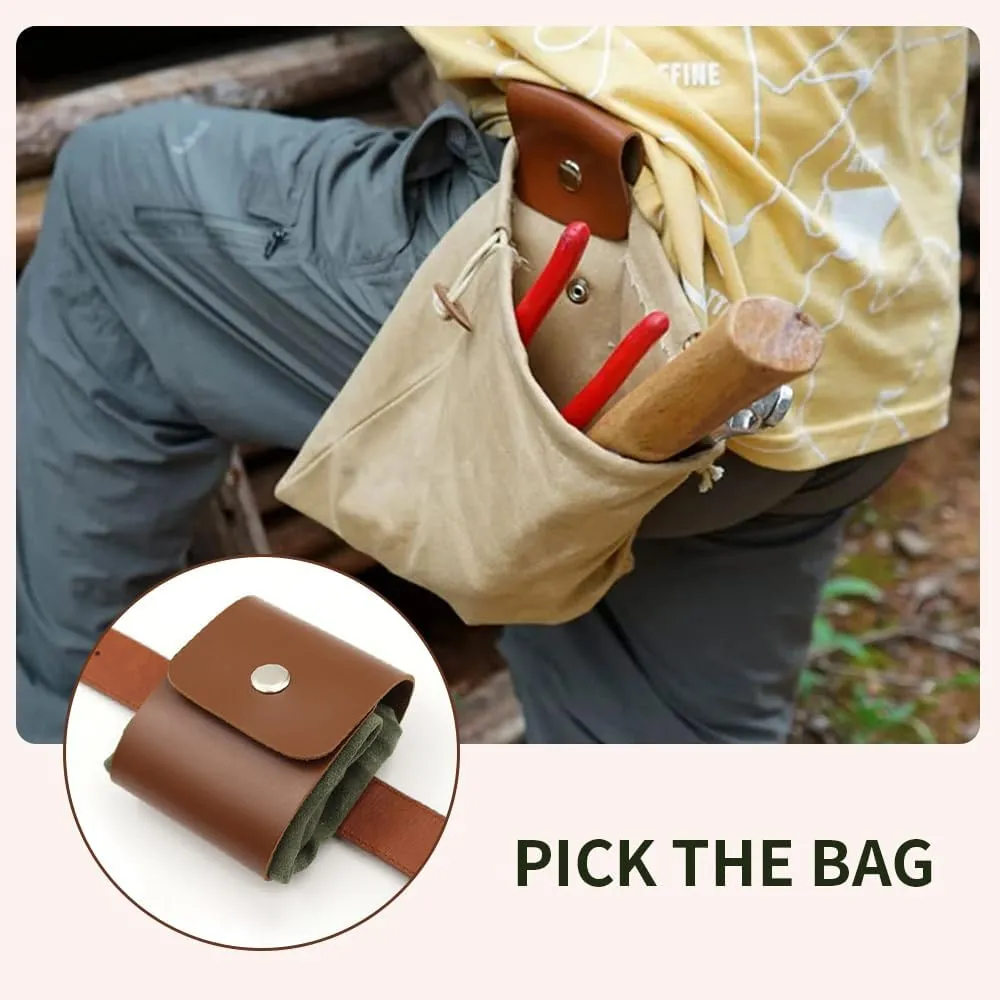 Foldable Canvas Belt Bag, 2024 Collapsible Foraging Bag Mushroom Storage Leather, Multipurpose Bushcraft Belt Storage Water Resistant Leather Pouch Basket for Travel Camping Hiking (Brown)