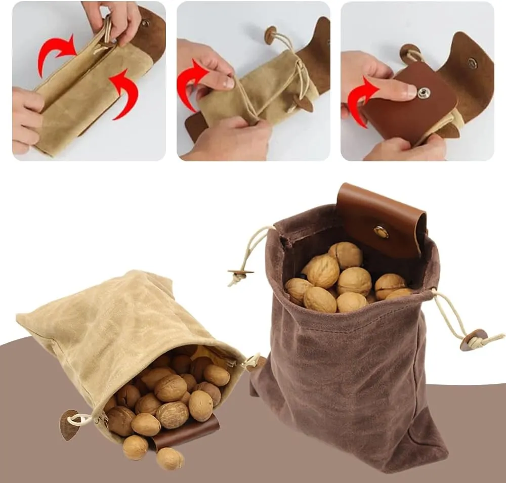 Foldable Canvas Belt Bag, 2024 Collapsible Foraging Bag Mushroom Storage Leather, Multipurpose Bushcraft Belt Storage Water Resistant Leather Pouch Basket for Travel Camping Hiking (Brown)