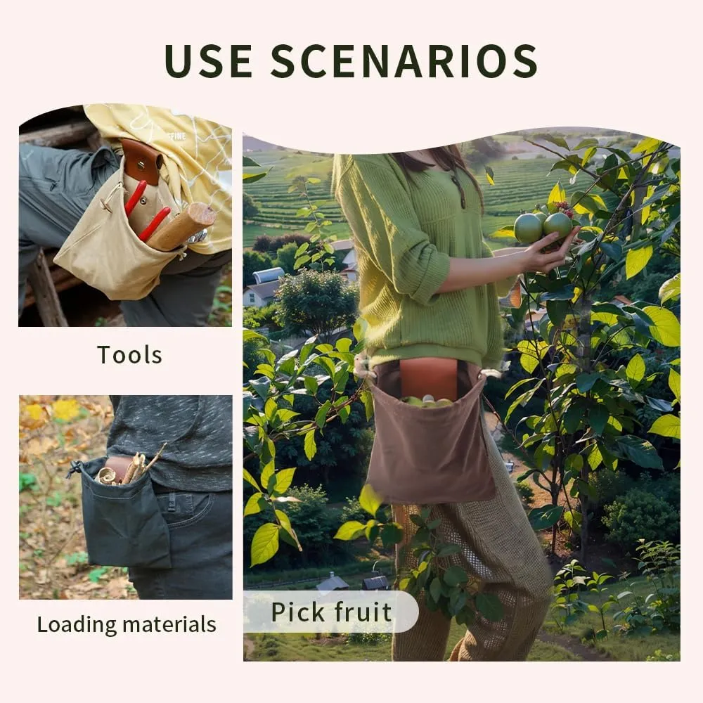 Foldable Canvas Belt Bag, 2024 Collapsible Foraging Bag Mushroom Storage Leather, Multipurpose Bushcraft Belt Storage Water Resistant Leather Pouch Basket for Travel Camping Hiking (Brown)