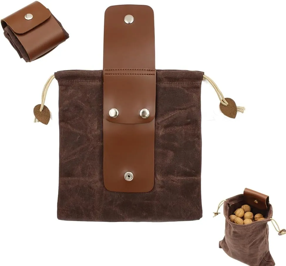 Foldable Canvas Belt Bag, 2024 Collapsible Foraging Bag Mushroom Storage Leather, Multipurpose Bushcraft Belt Storage Water Resistant Leather Pouch Basket for Travel Camping Hiking (Brown)