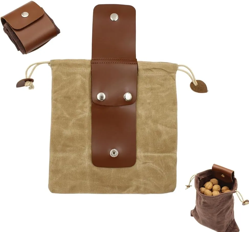 Foldable Canvas Belt Bag, 2024 Collapsible Foraging Bag Mushroom Storage Leather, Multipurpose Bushcraft Belt Storage Water Resistant Leather Pouch Basket for Travel Camping Hiking (Khaki)