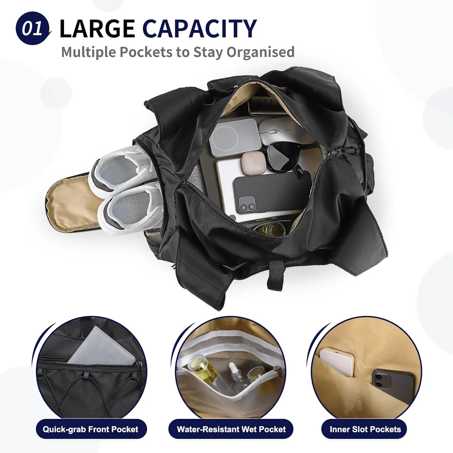 Gym Tote Bag for Women with Water Bottle Pack, Lightweight Duffle Bags for with Shoe Compartment, Workout Yoga Mat Luggage(Black)