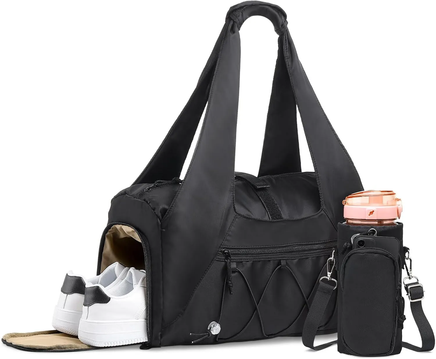 Gym Tote Bag for Women with Water Bottle Pack, Lightweight Duffle Bags for with Shoe Compartment, Workout Yoga Mat Luggage(Black)