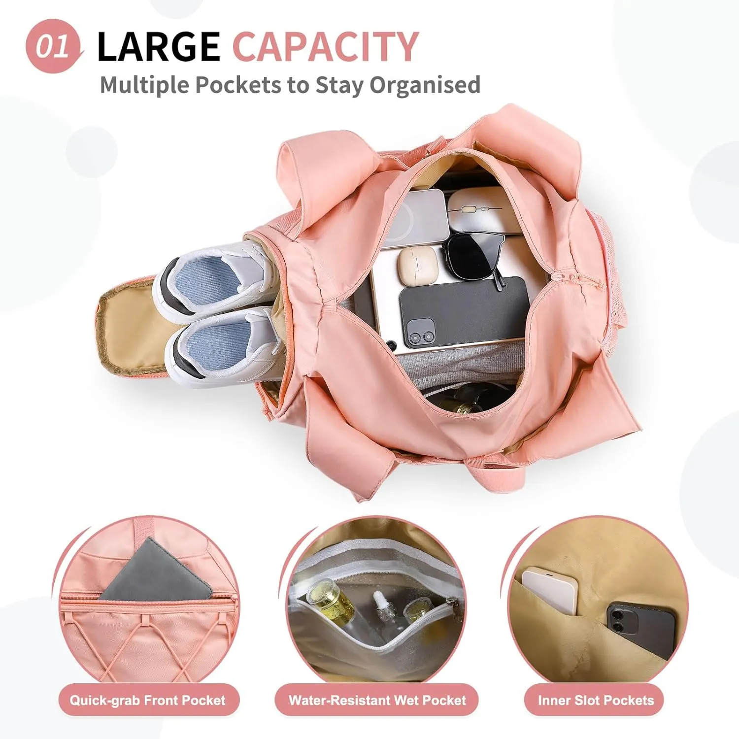 Gym Tote Bag for Women with Water Bottle Pack, Lightweight Duffle Bags with Shoe Compartment, Workout Yoga Mat Luggage (Pink)