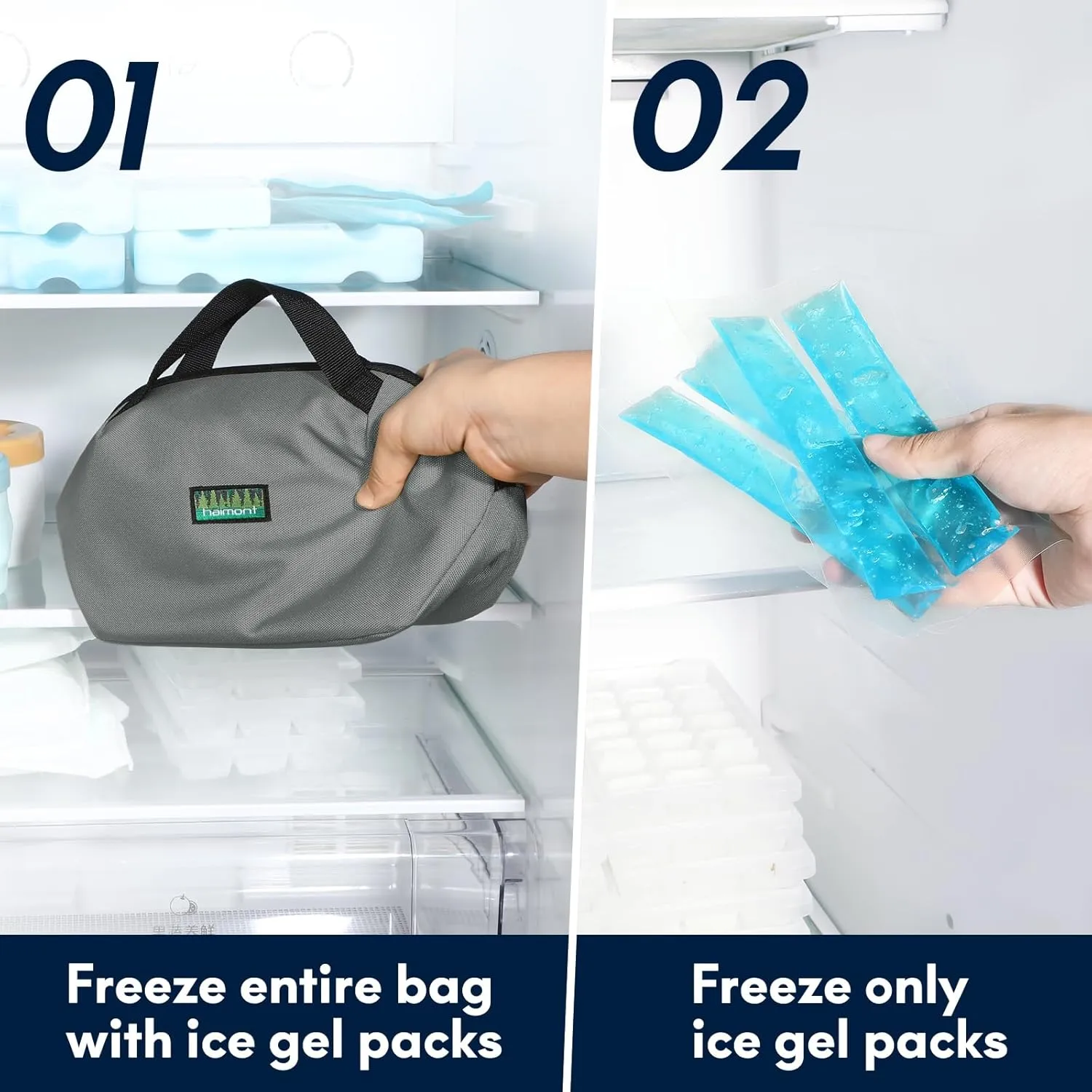Haimont Freezable Small Lunch Cooler Bag, Mini Reuse Snack Freezer Bags for Office Airplane, Foldable Insulated Coolers to-Go Food Containers with Zip Closure, Gray