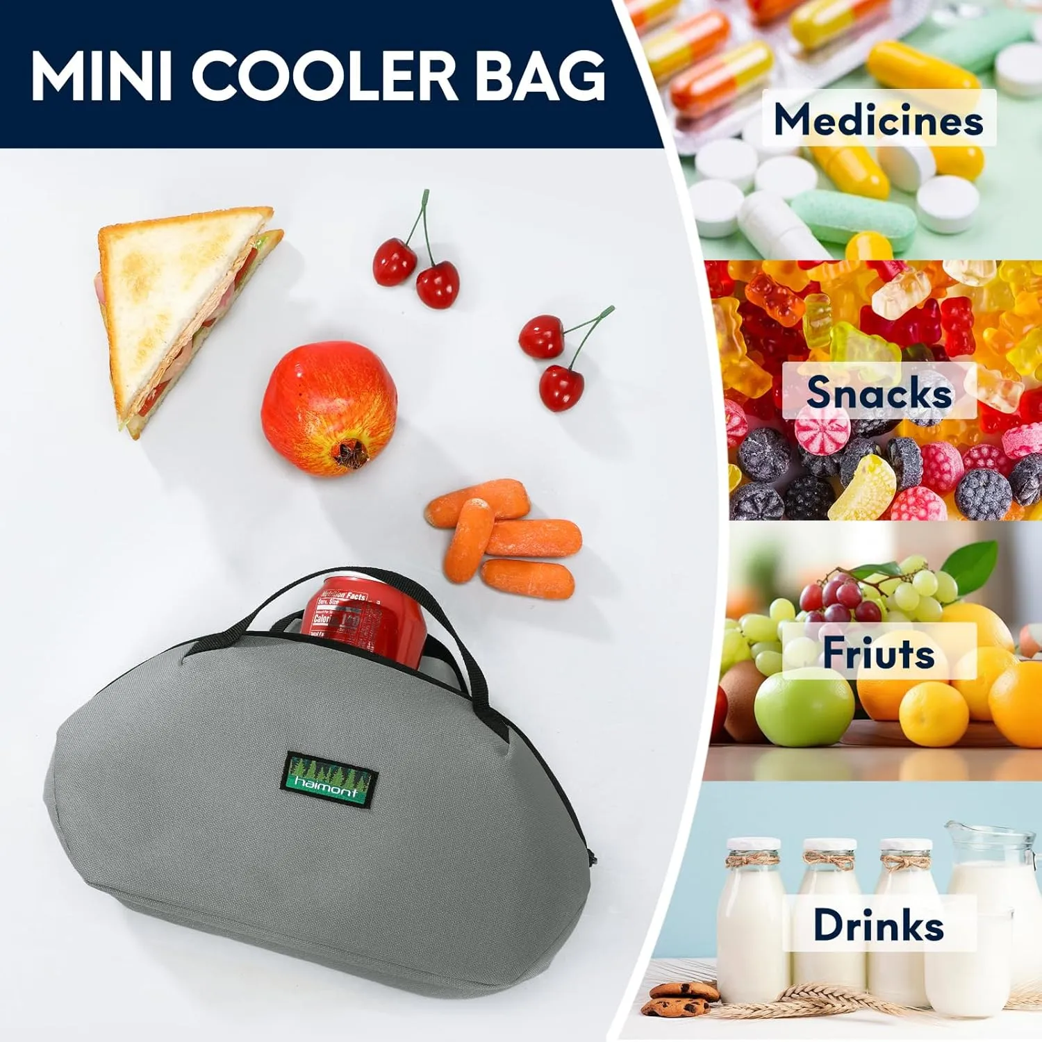Haimont Freezable Small Lunch Cooler Bag, Mini Reuse Snack Freezer Bags for Office Airplane, Foldable Insulated Coolers to-Go Food Containers with Zip Closure, Gray