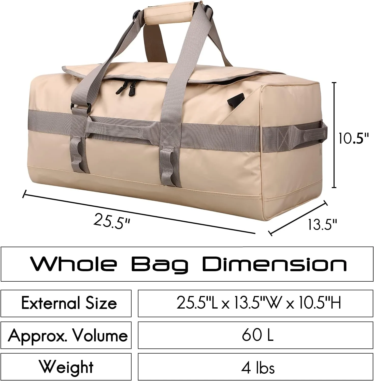 Haimont Large Sports Duffel Backpack Bag for Men, Travel Duffel Bags with Backpack Straps, Heavy Duty and Water Resistant, Beige,60L