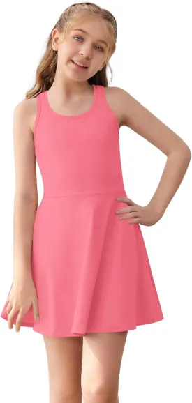 Haloumoning Girls Sleeveless Tennis Dress Kids Racerback Golf Dress School Sports Dresses Outfit with Shorts Pockets