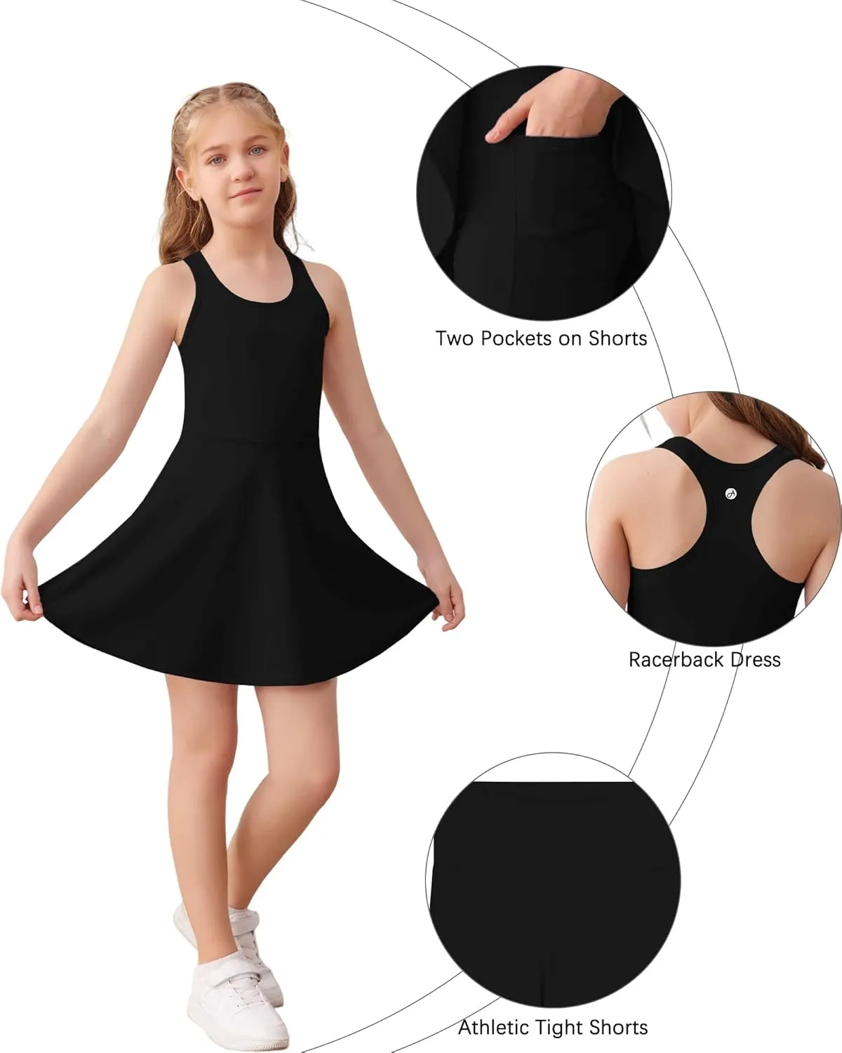 Haloumoning Girls Sleeveless Tennis Dress Kids Racerback Golf Dress School Sports Dresses Outfit with Shorts Pockets