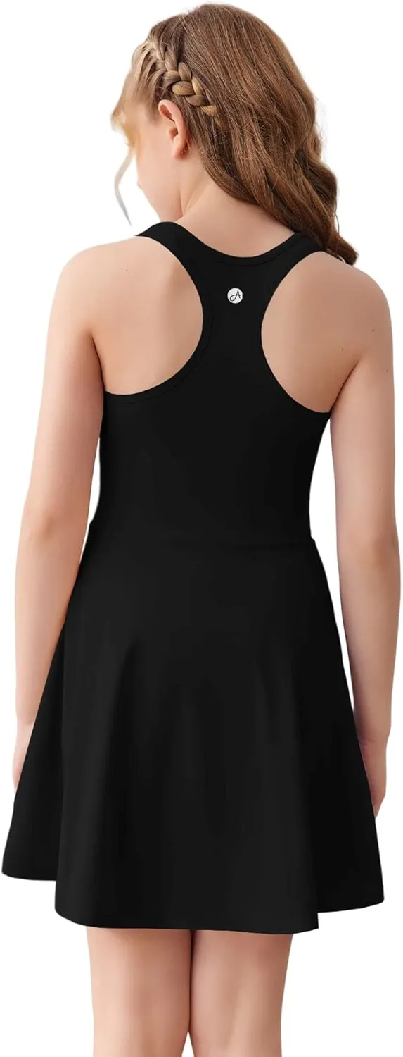 Haloumoning Girls Sleeveless Tennis Dress Kids Racerback Golf Dress School Sports Dresses Outfit with Shorts Pockets