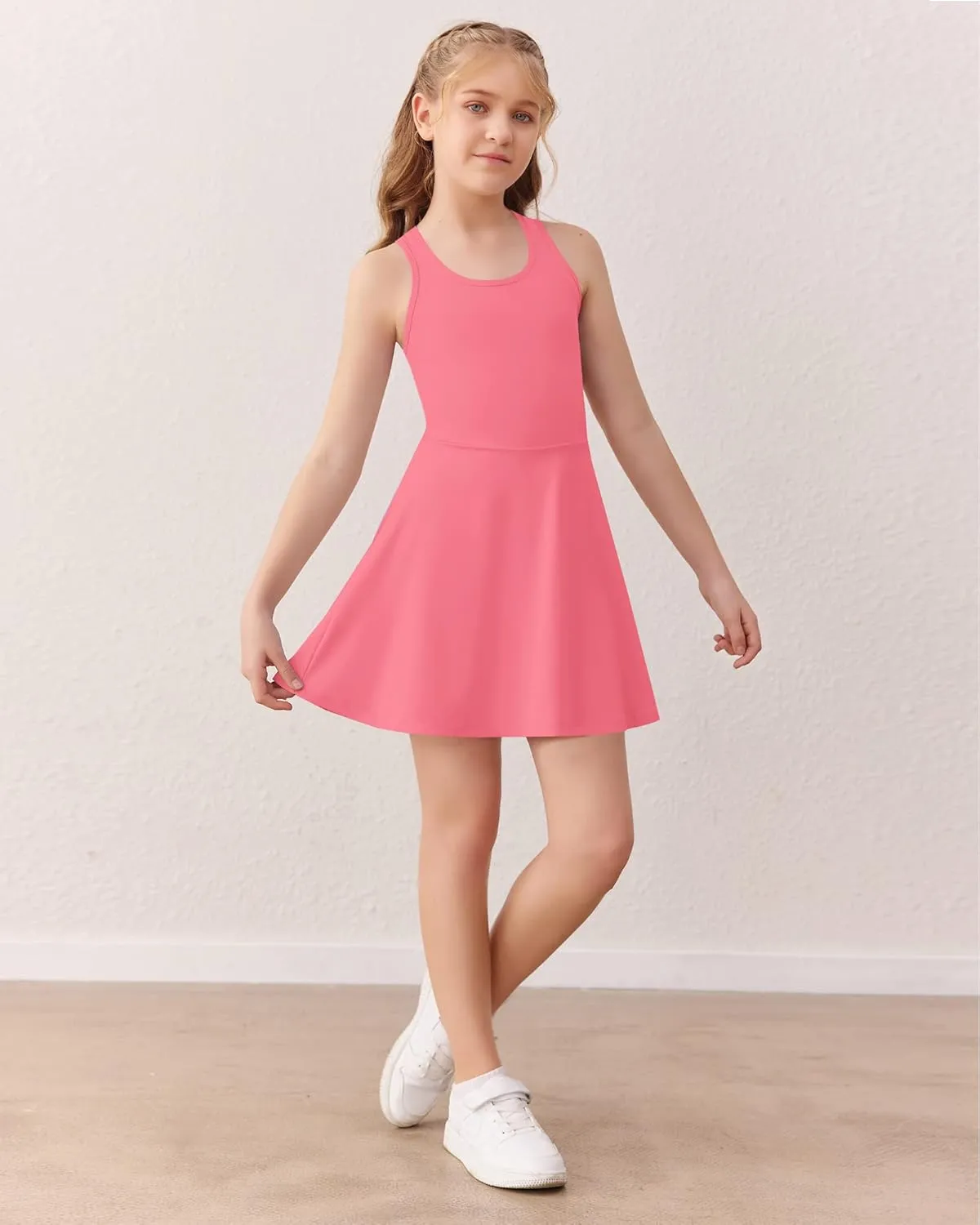 Haloumoning Girls Sleeveless Tennis Dress Kids Racerback Golf Dress School Sports Dresses Outfit with Shorts Pockets