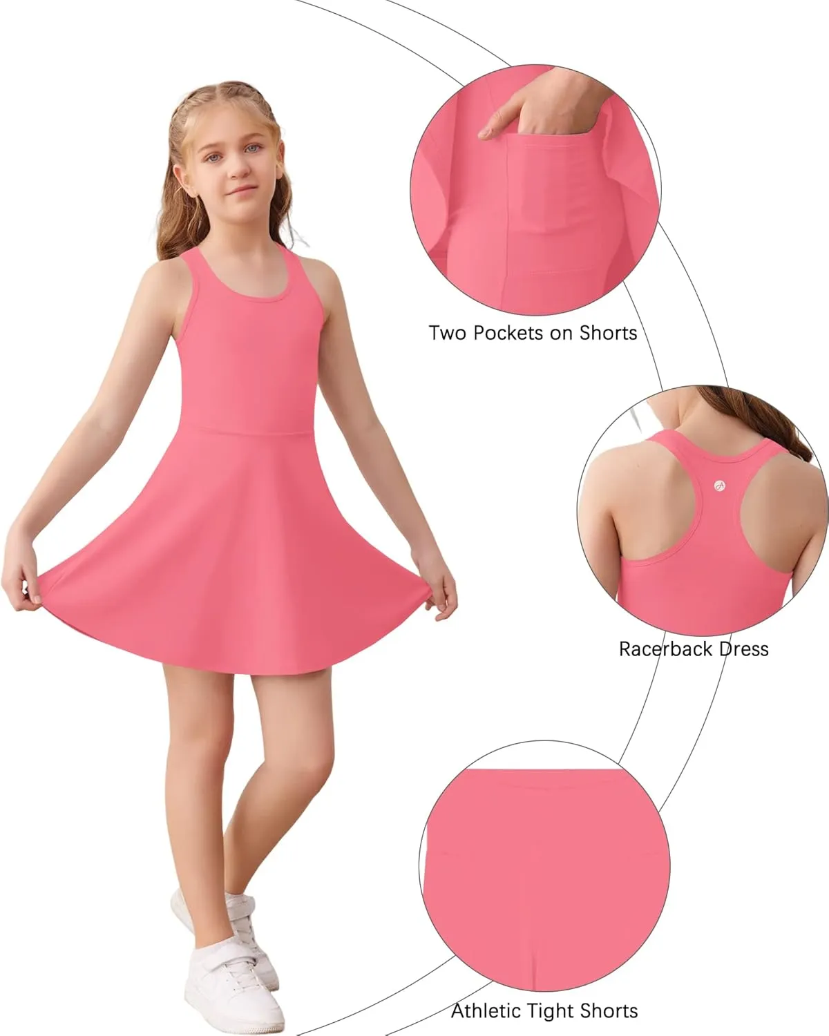 Haloumoning Girls Sleeveless Tennis Dress Kids Racerback Golf Dress School Sports Dresses Outfit with Shorts Pockets