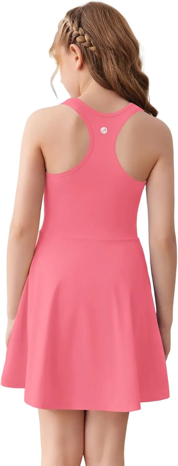 Haloumoning Girls Sleeveless Tennis Dress Kids Racerback Golf Dress School Sports Dresses Outfit with Shorts Pockets