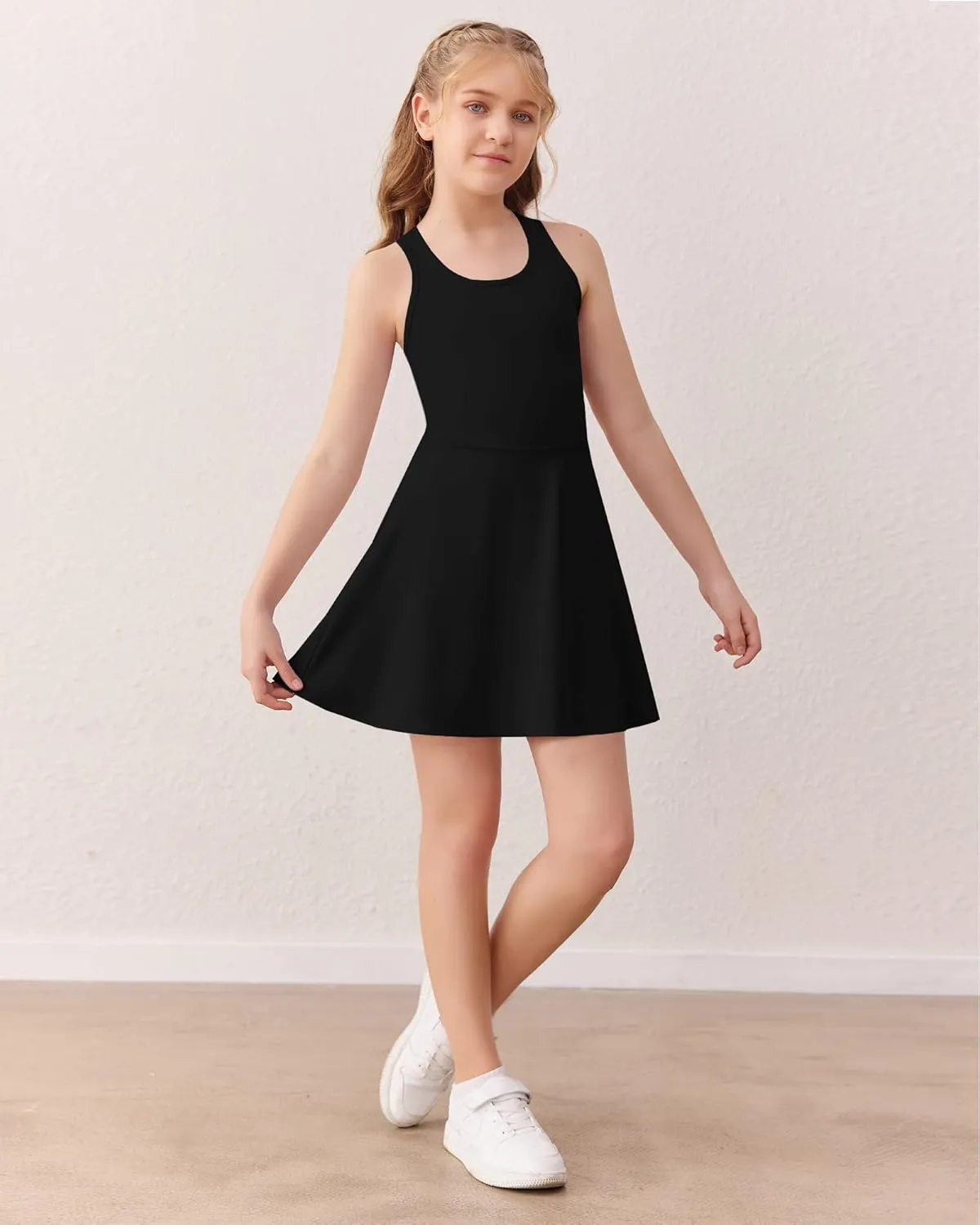 Haloumoning Girls Sleeveless Tennis Dress Kids Racerback Golf Dress School Sports Dresses Outfit with Shorts Pockets