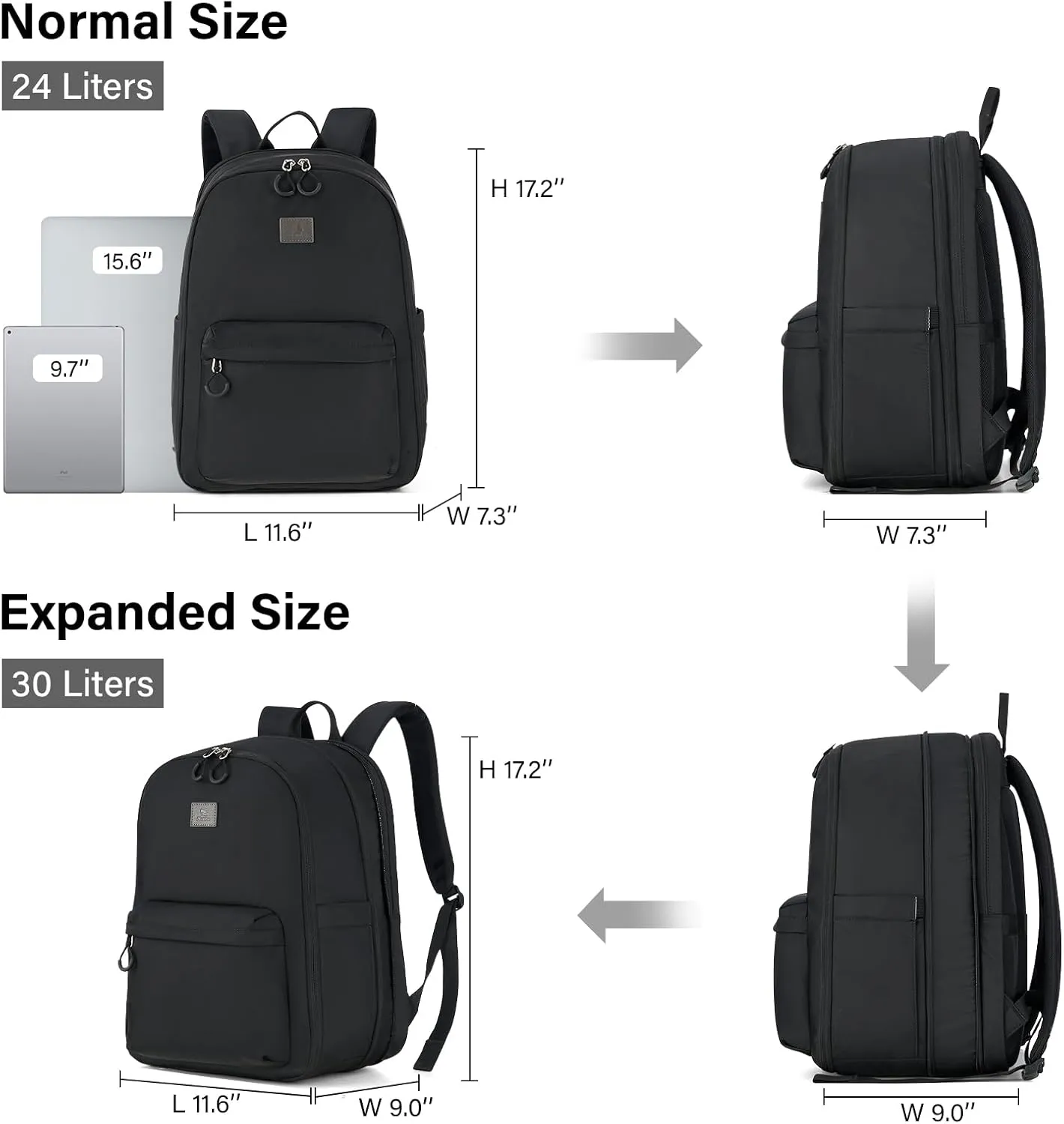 Hanke 18 Inch Expandable Travel Backpack for Women, Personal Item Backpack Work Backpack Woman Men Casual Daypack Backpacks Carry On Bag Backpacks for Airline Approved(Black)