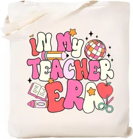 Haukea Teacher Appreciation Gifts School Canvas Tote Bag for Women Cute Tote Bags Pockets Library Bag Reusable Cotton Totes