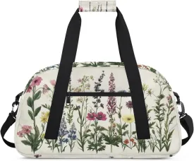 Herbs And Wild Flowers Sports Duffle Gym Bags for Men or Women, Floral Lightweight Carry On Overnight Weekender Bag for Travel Workout