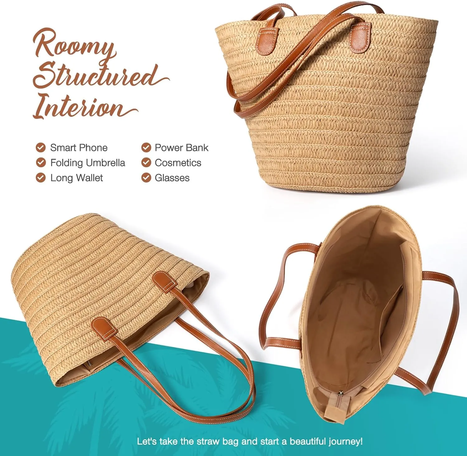 Hommtina Straw Beach Bag - Womens Crossbody Shoulder Vacation Purse for Summer
