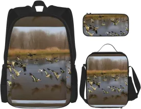 Hunting Flying Wild Ducks print 3-Piece Casual Backpack Set (Backpack   Waist Bag   Small Pouch), Unisex Daypack